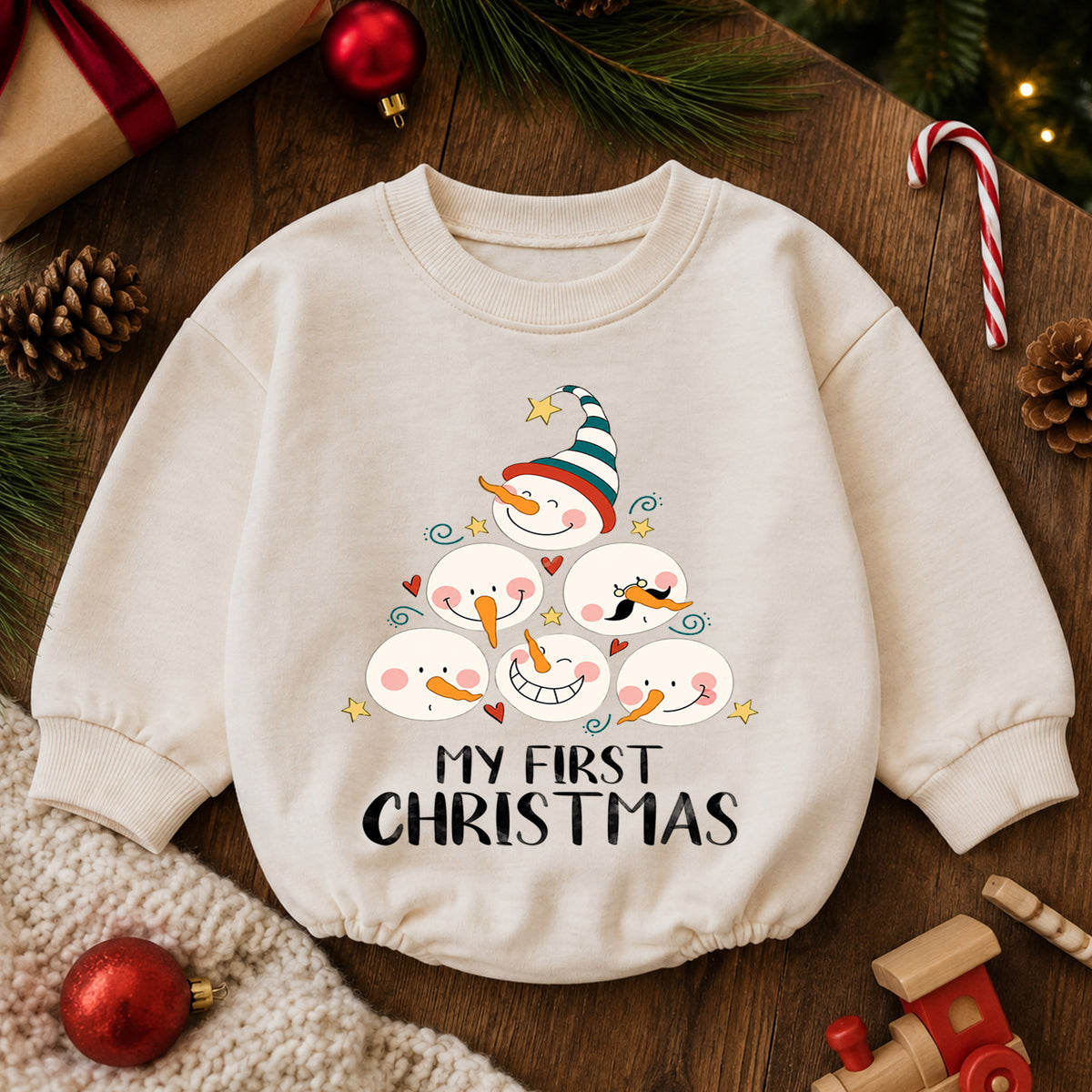 My First Christmas Snowman Baby Romper, Cute Snowman Holiday Outfit, Baby First Christmas Clothes, Toddler Xmas Gift — product view 6