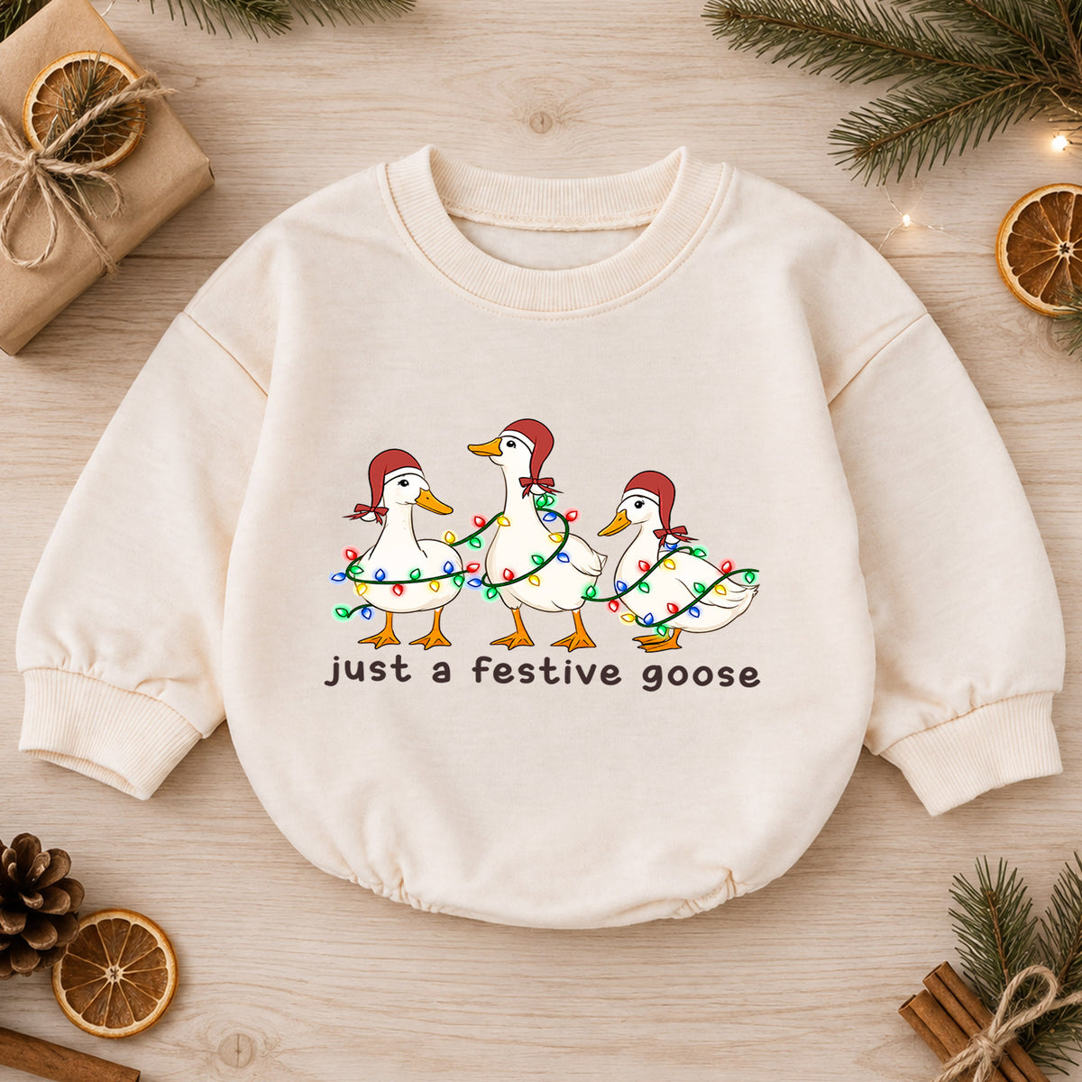 Just a Festive Goose Baby Romper, Christmas Goose Trio Outfit, Funny Toddler Holiday Romper, Cute Goose Xmas Gift — product view 1