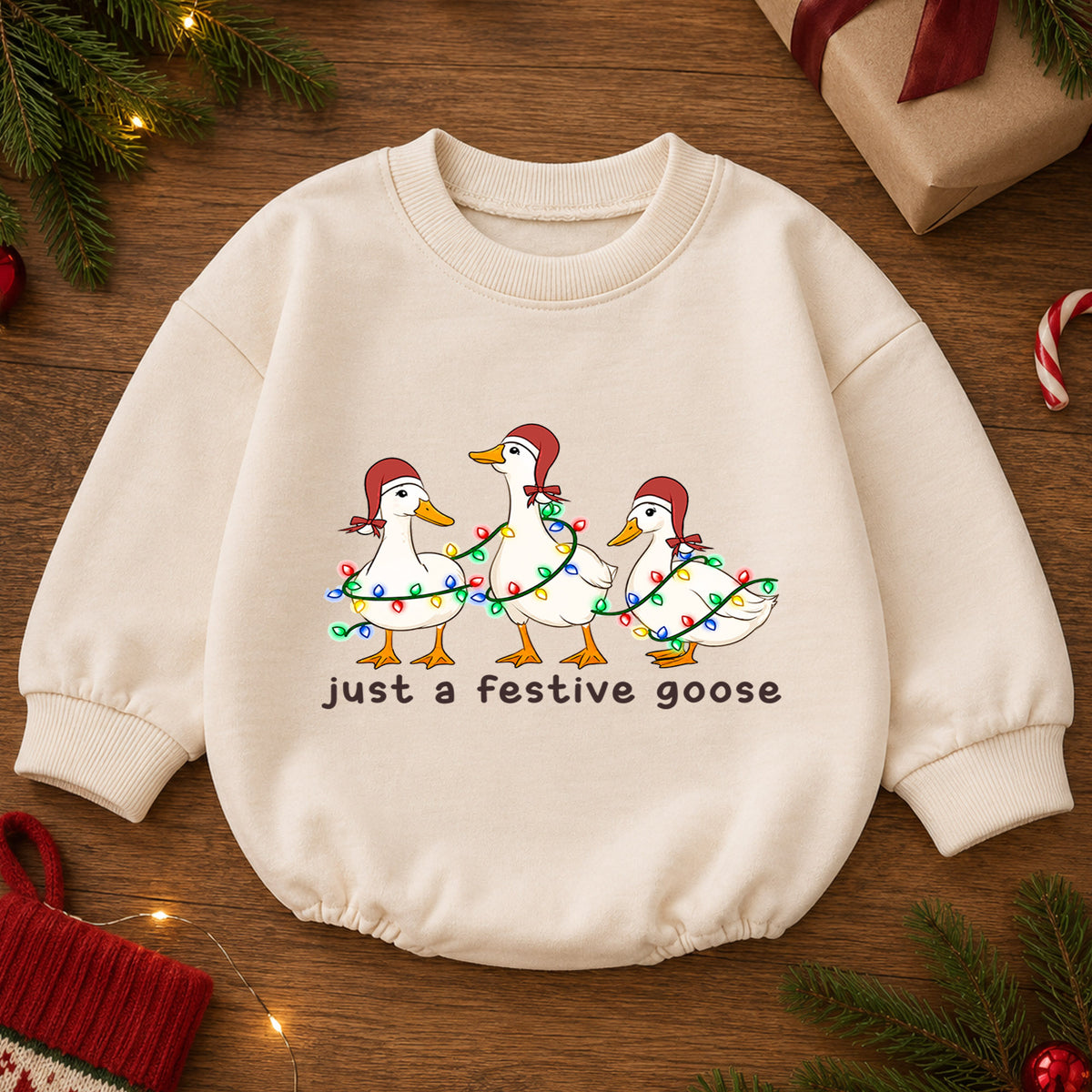 Just a Festive Goose Baby Romper, Christmas Goose Trio Outfit, Funny Toddler Holiday Romper, Cute Goose Xmas Gift — product view 2