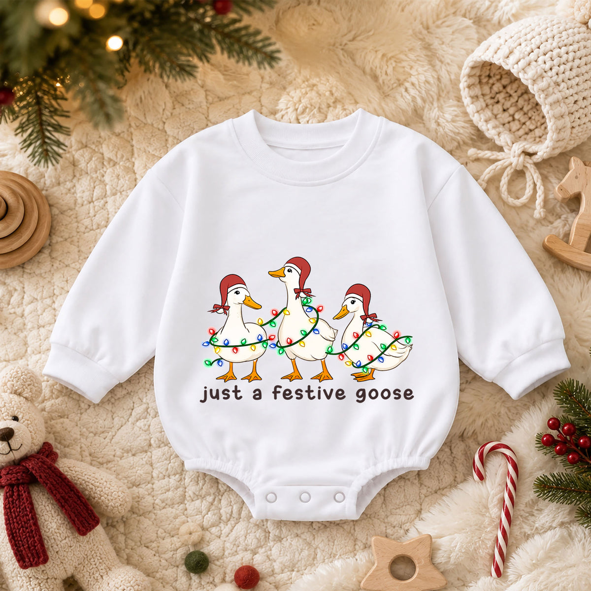 Just a Festive Goose Baby Romper, Christmas Goose Trio Outfit, Funny Toddler Holiday Romper, Cute Goose Xmas Gift — product view 3
