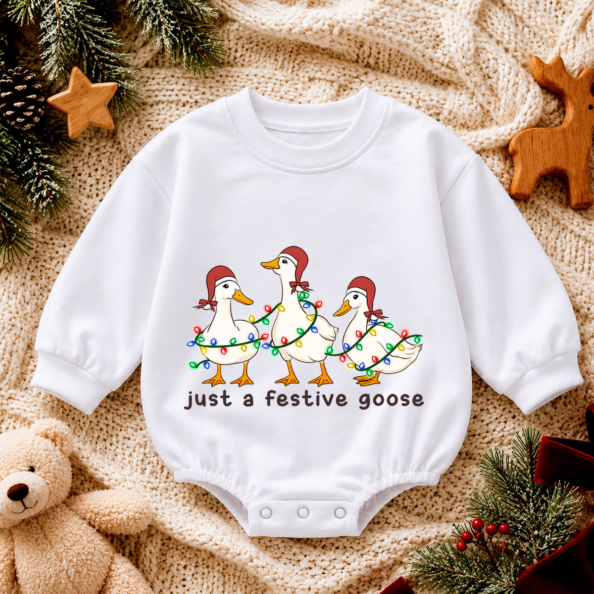 Just a Festive Goose Baby Romper, Christmas Goose Trio Outfit, Funny Toddler Holiday Romper, Cute Goose Xmas Gift — product view 4