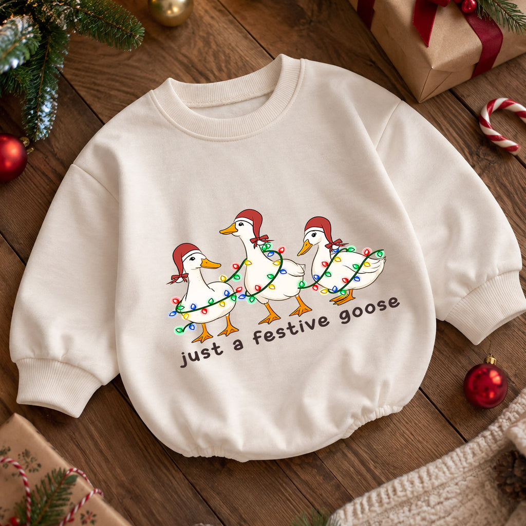 Just a Festive Goose Baby Romper, Christmas Goose Trio Outfit, Funny Toddler Holiday Romper, Cute Goose Xmas Gift — product view 5