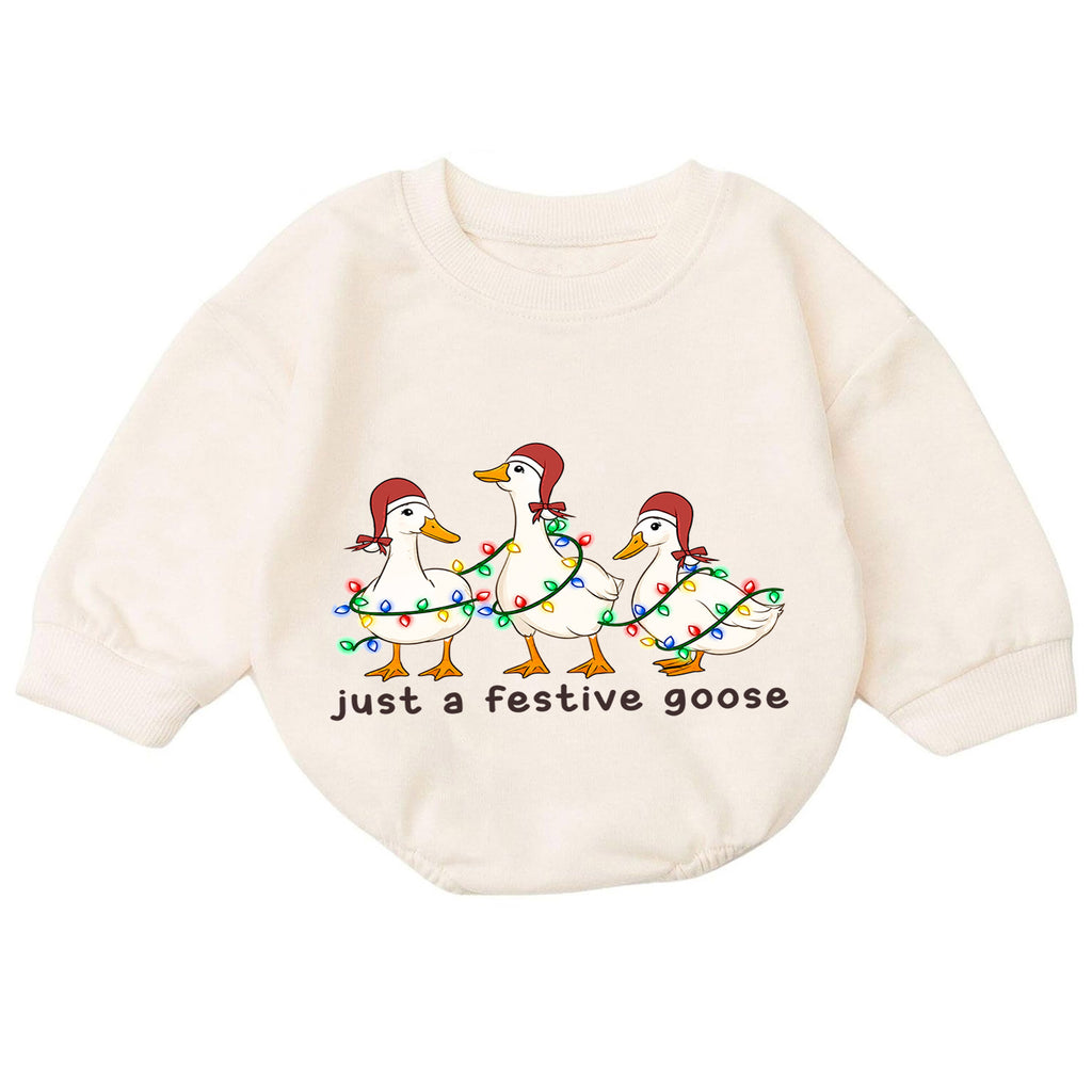 Just a Festive Goose Baby Romper, Christmas Goose Trio Outfit, Funny Toddler Holiday Romper, Cute Goose Xmas Gift — product view 7
