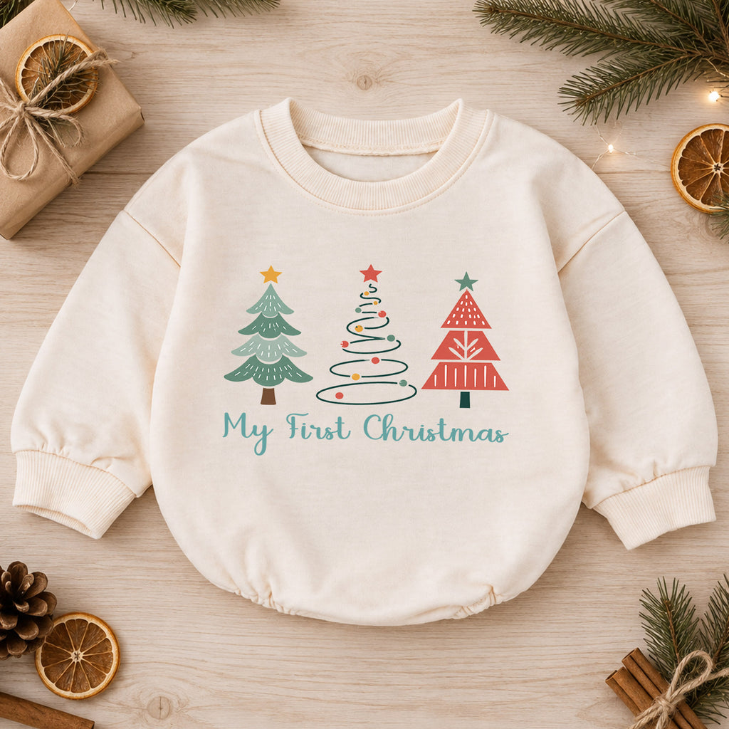 My First Christmas Tree Baby Romper, Minimal Christmas Tree Holiday Outfit, Baby First Christmas Clothes, Toddler Gift — product view 1