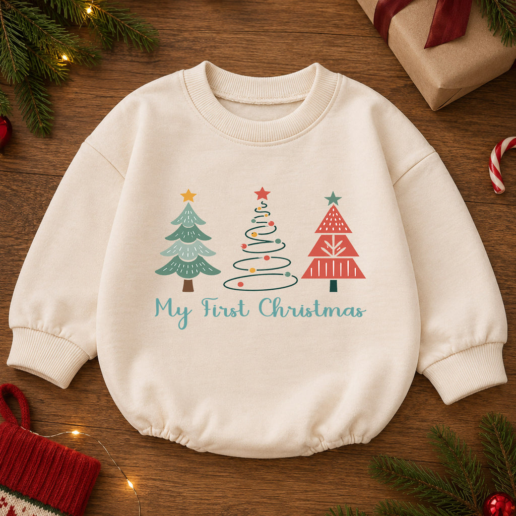 My First Christmas Tree Baby Romper, Minimal Christmas Tree Holiday Outfit, Baby First Christmas Clothes, Toddler Gift — product view 2