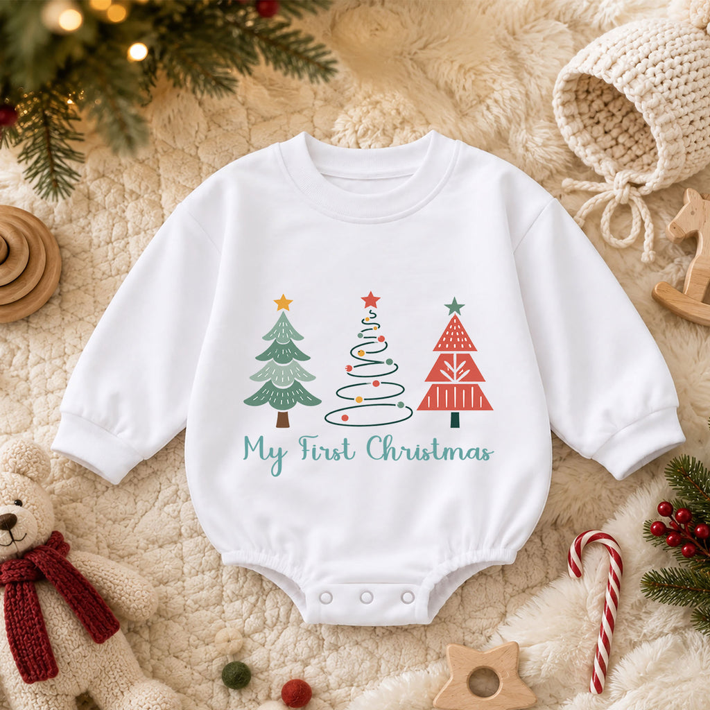 My First Christmas Tree Baby Romper, Minimal Christmas Tree Holiday Outfit, Baby First Christmas Clothes, Toddler Gift — product view 3