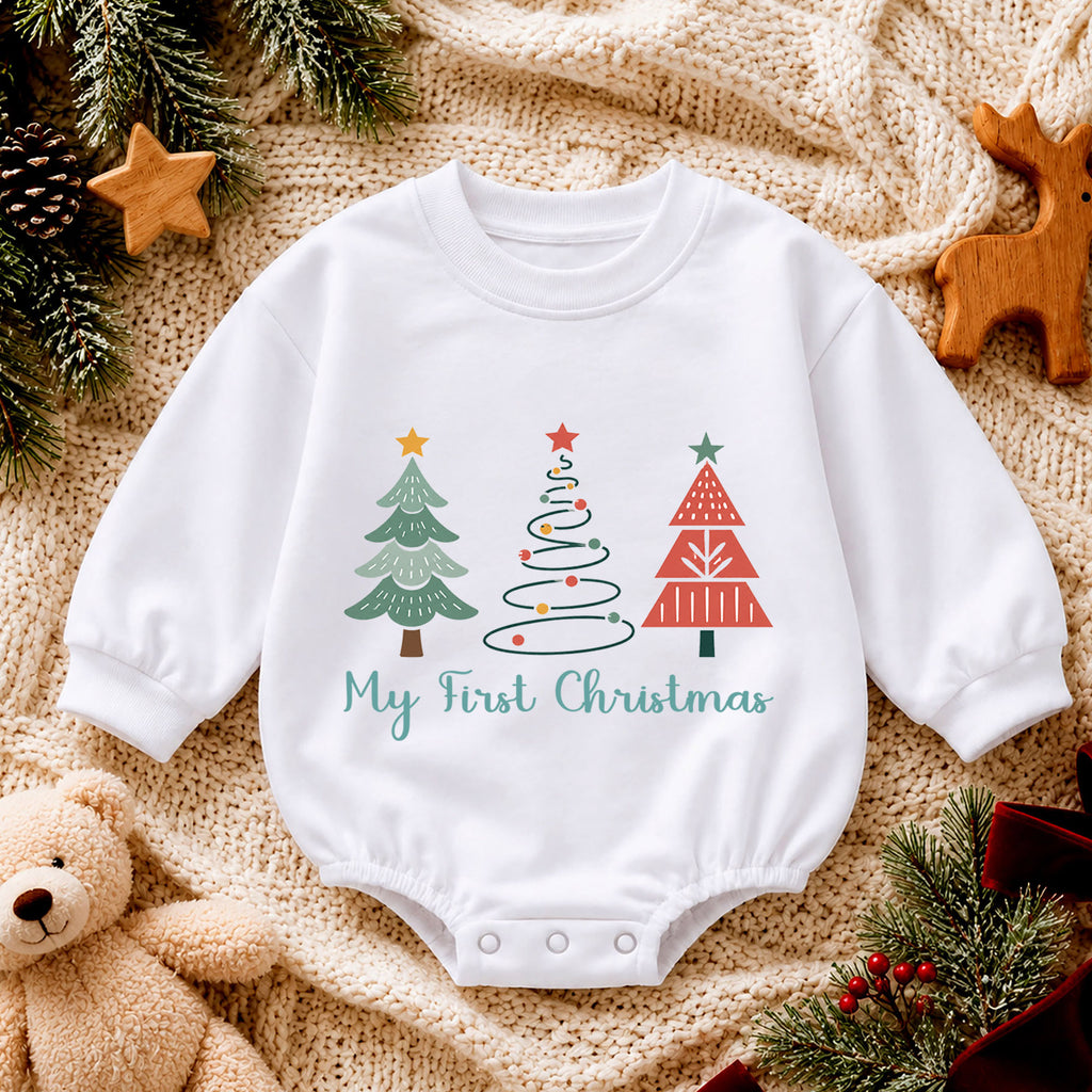 My First Christmas Tree Baby Romper, Minimal Christmas Tree Holiday Outfit, Baby First Christmas Clothes, Toddler Gift — product view 4