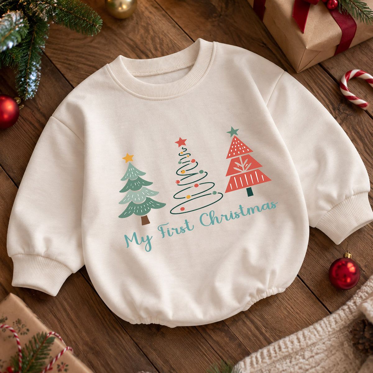 My First Christmas Tree Baby Romper, Minimal Christmas Tree Holiday Outfit, Baby First Christmas Clothes, Toddler Gift — product view 5