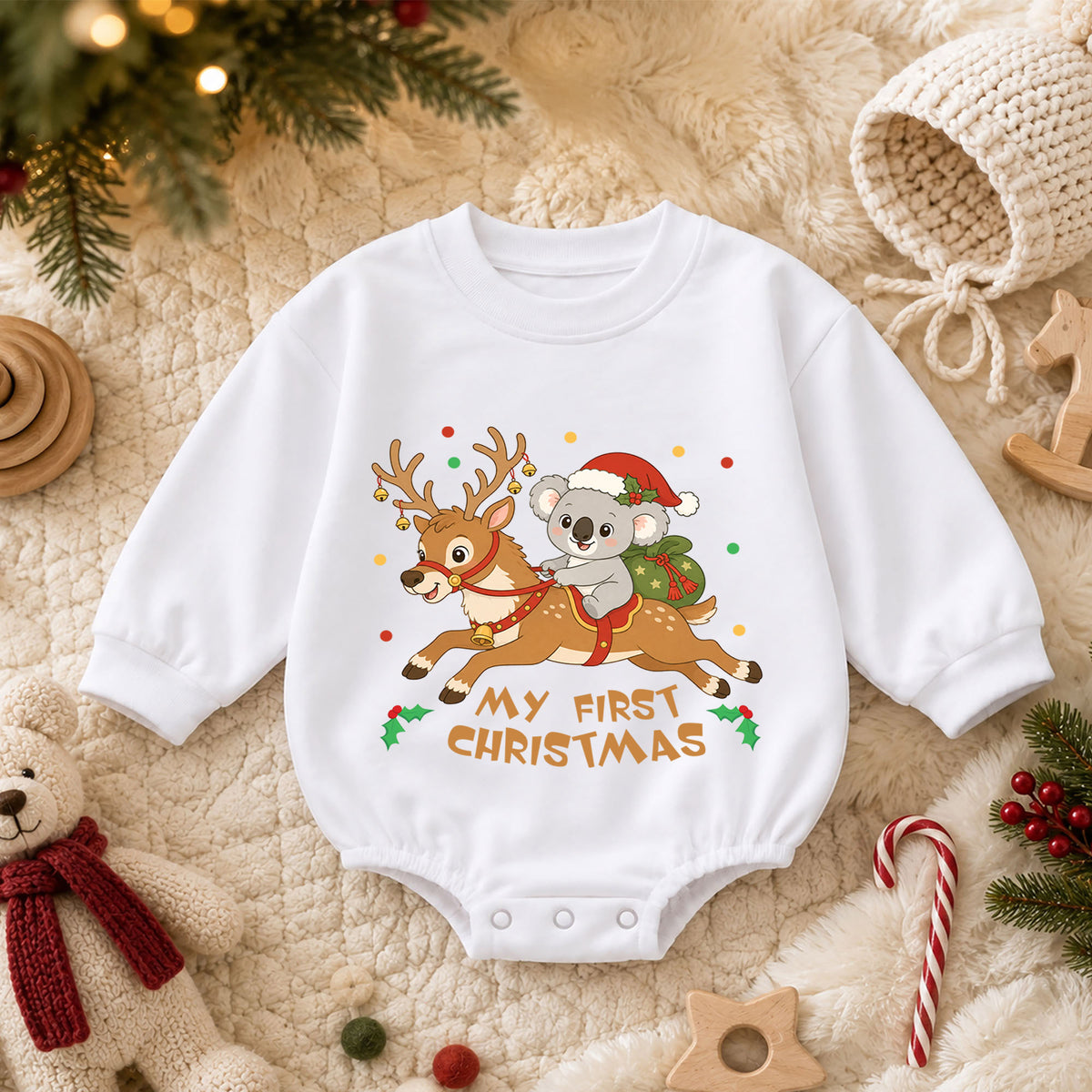 My First Christmas Koala Baby Romper, Reindeer Holiday Outfit, Cute Baby Christmas Clothes, Toddler Xmas Gift — product view 3