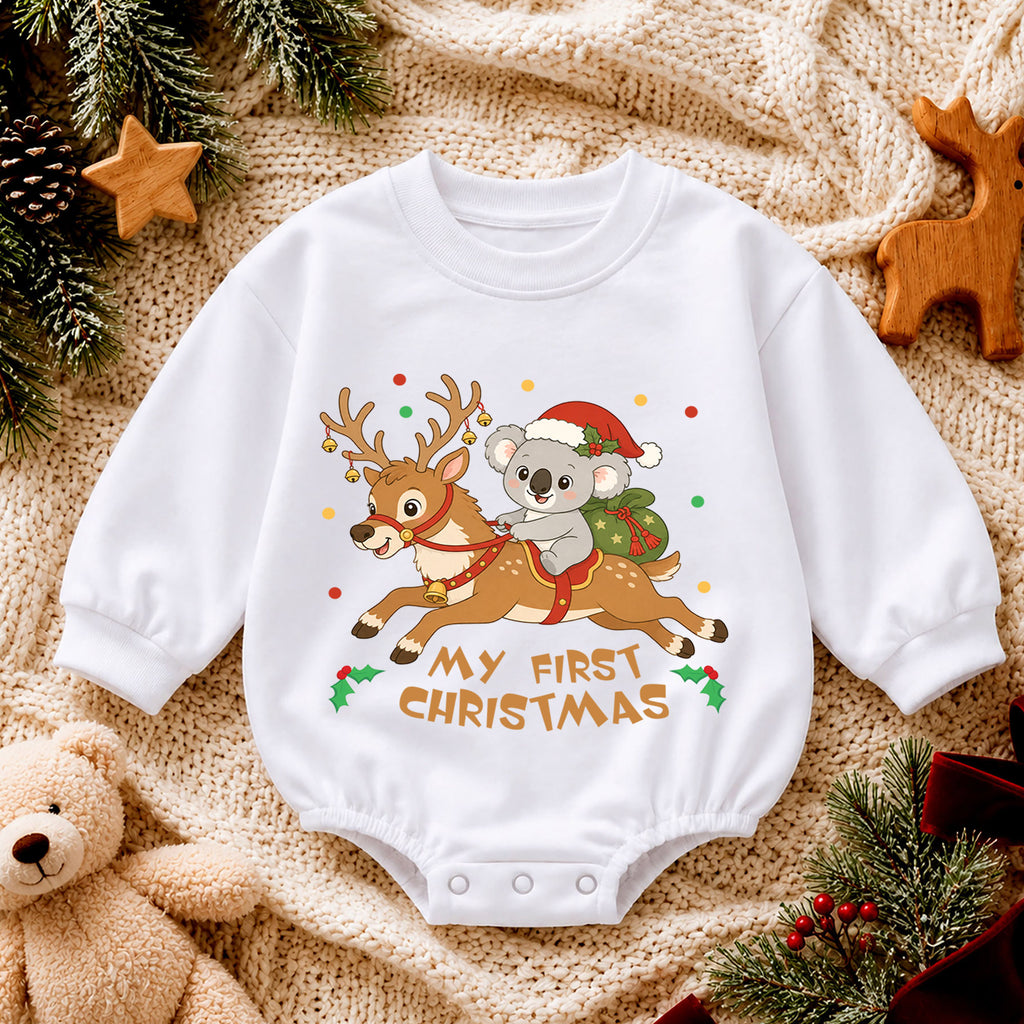 My First Christmas Koala Baby Romper, Reindeer Holiday Outfit, Cute Baby Christmas Clothes, Toddler Xmas Gift — product view 4
