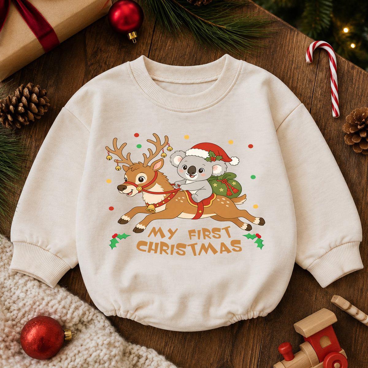 My First Christmas Koala Baby Romper, Reindeer Holiday Outfit, Cute Baby Christmas Clothes, Toddler Xmas Gift — product view 6