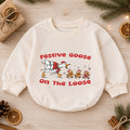 Festive Goose on the Loose Baby Romper, Funny Christmas Goose Outfit, Gingerbread Holiday Romper, Cute Xmas Baby Gift — product view 1
