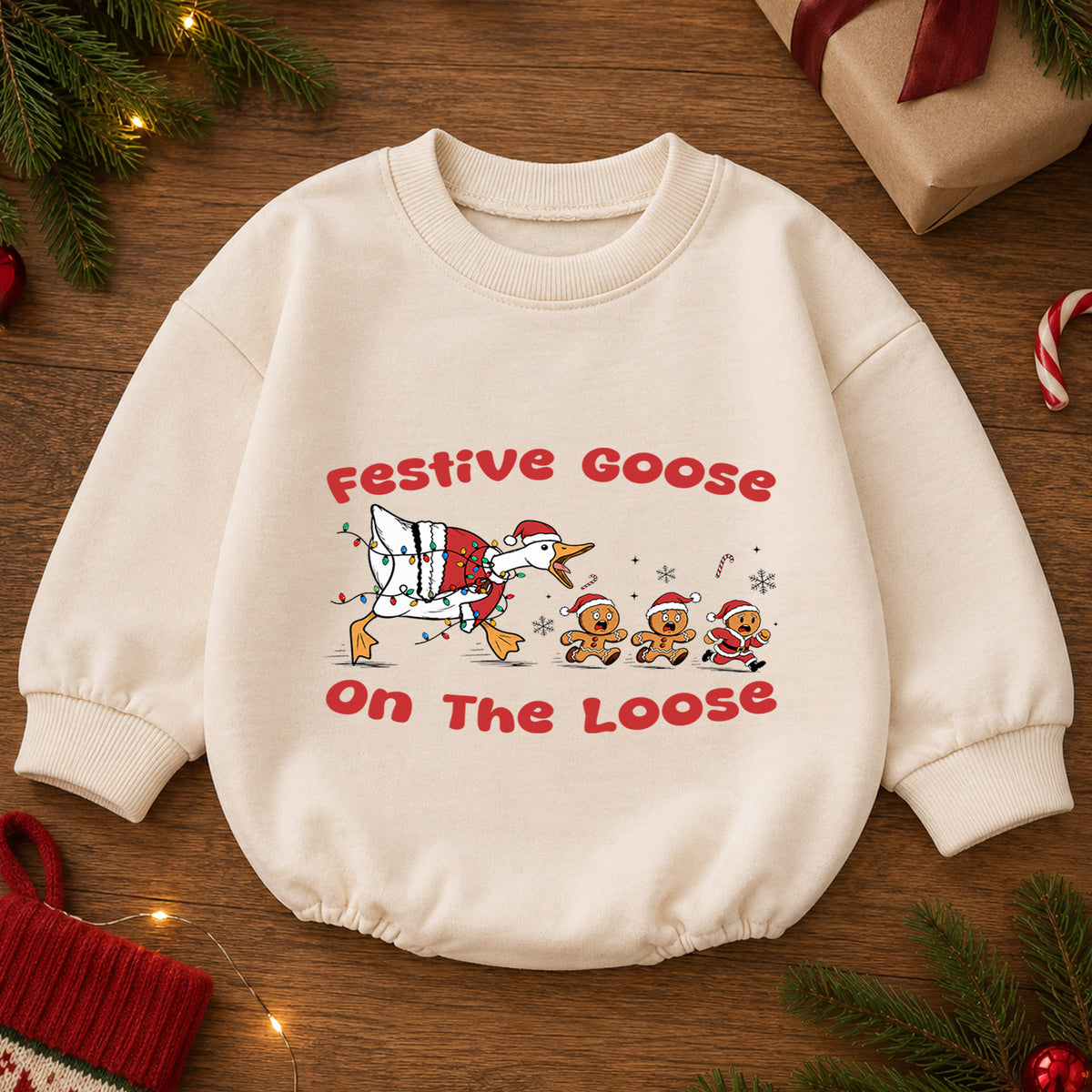 Festive Goose on the Loose Baby Romper, Funny Christmas Goose Outfit, Gingerbread Holiday Romper, Cute Xmas Baby Gift — product view 2
