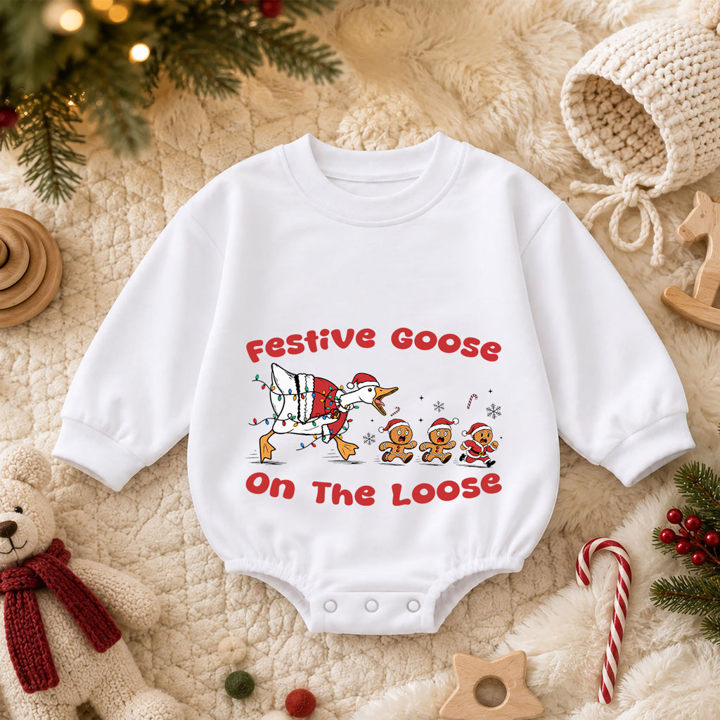 Festive Goose on the Loose Baby Romper, Funny Christmas Goose Outfit, Gingerbread Holiday Romper, Cute Xmas Baby Gift — product view 3