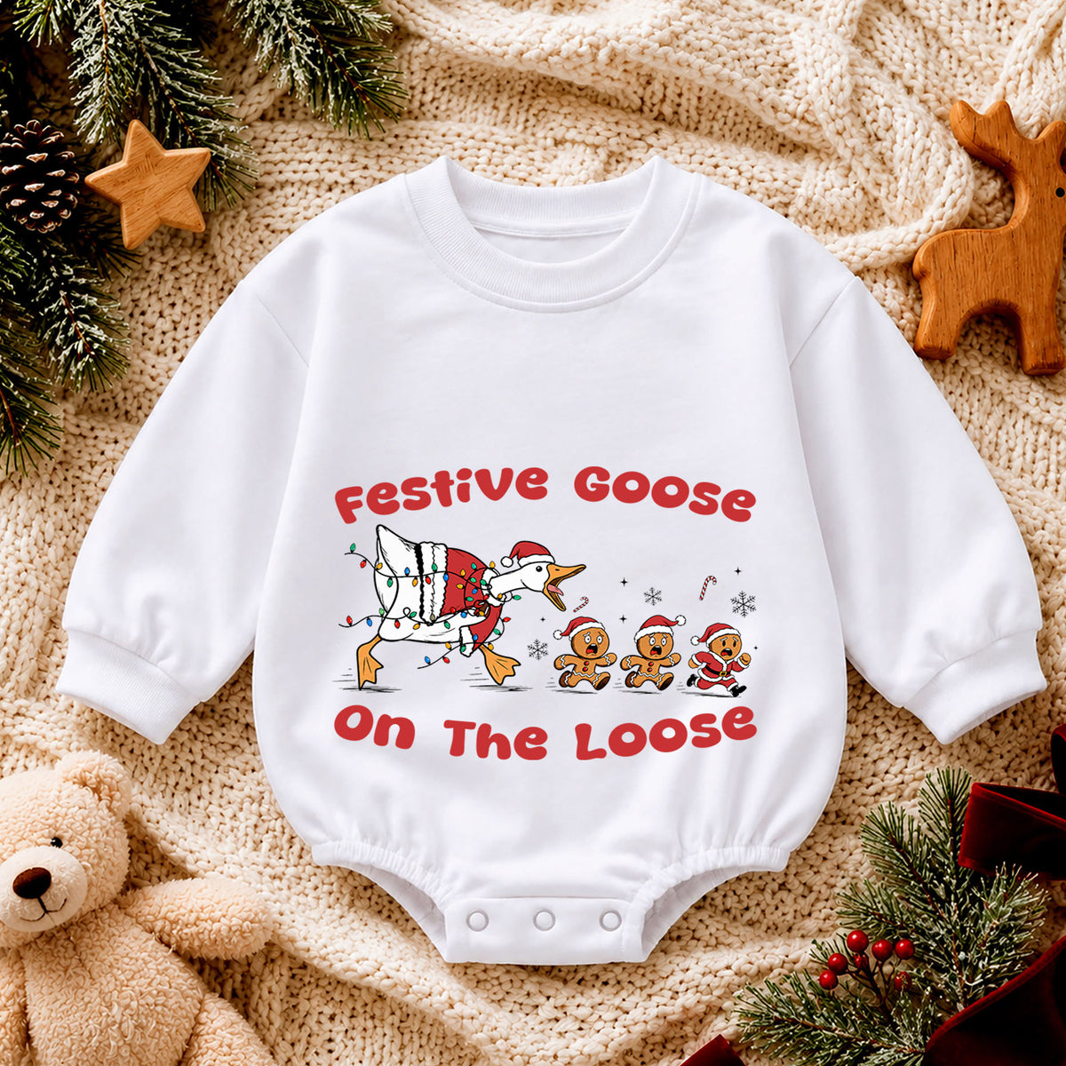 Festive Goose on the Loose Baby Romper, Funny Christmas Goose Outfit, Gingerbread Holiday Romper, Cute Xmas Baby Gift — product view 4