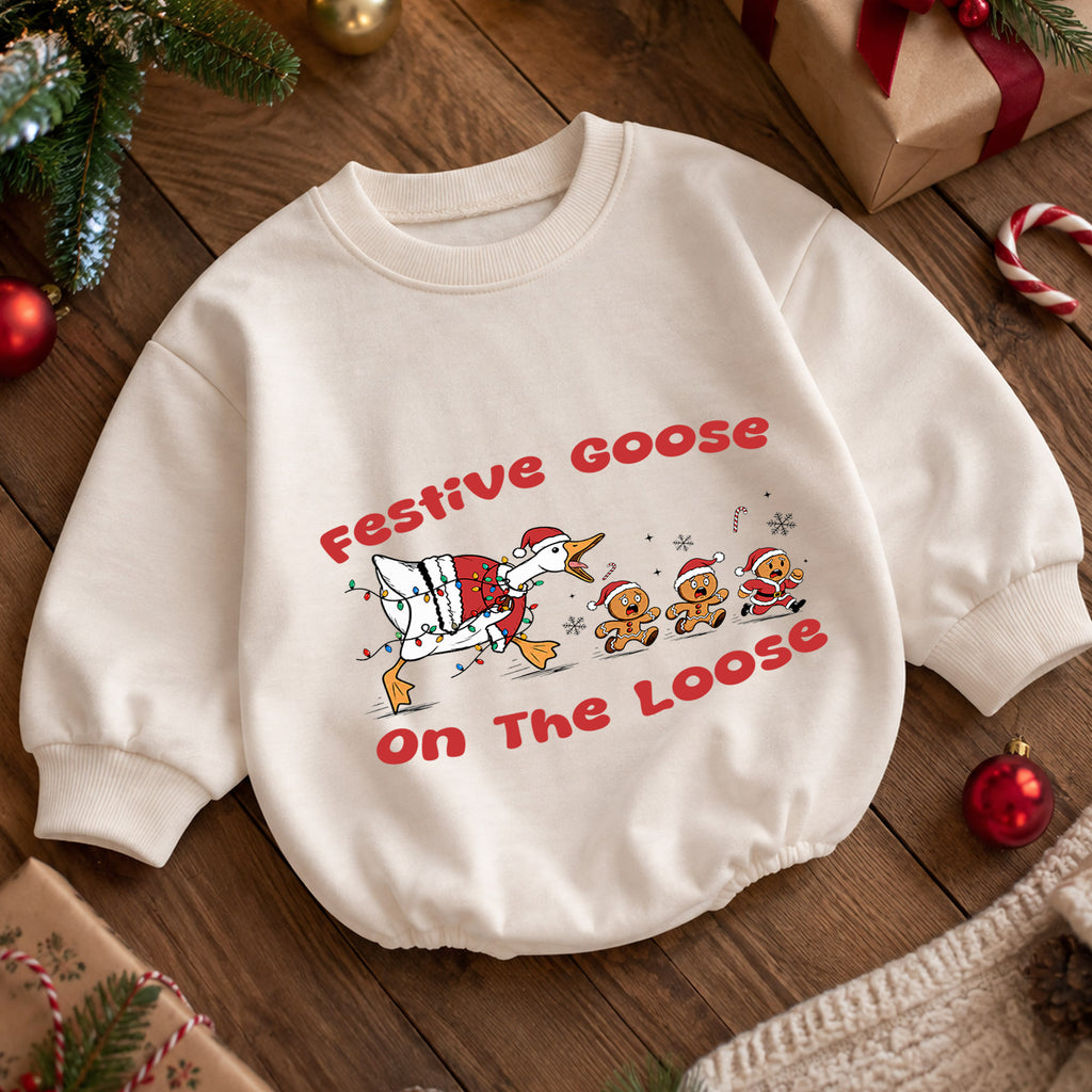 Festive Goose on the Loose Baby Romper, Funny Christmas Goose Outfit, Gingerbread Holiday Romper, Cute Xmas Baby Gift — product view 5