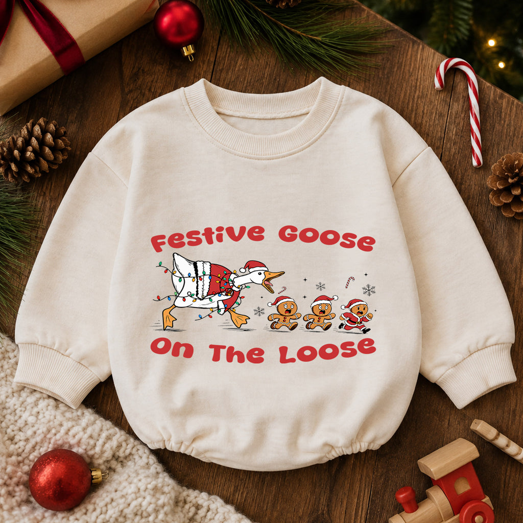 Festive Goose on the Loose Baby Romper, Funny Christmas Goose Outfit, Gingerbread Holiday Romper, Cute Xmas Baby Gift — product view 6