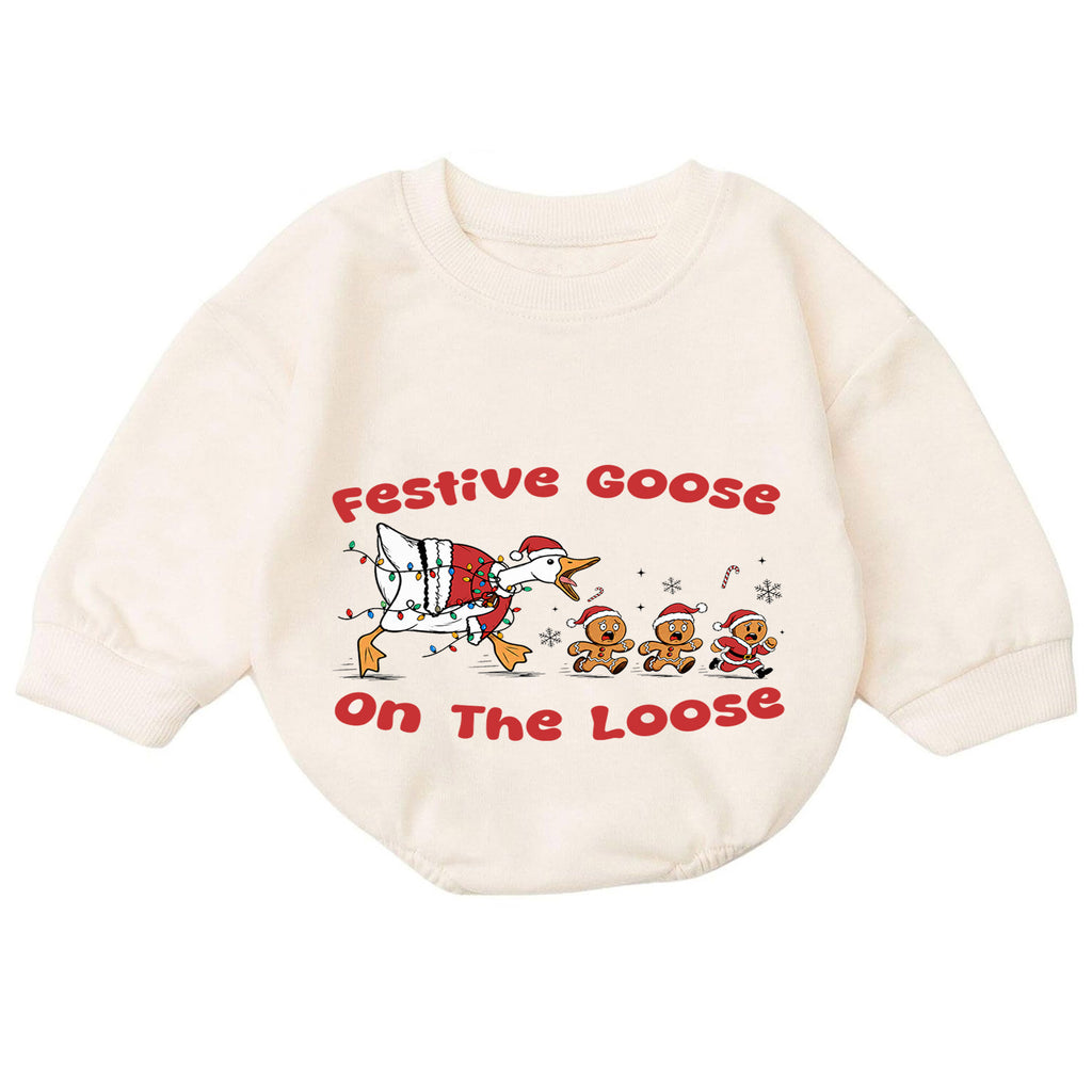 Festive Goose on the Loose Baby Romper, Funny Christmas Goose Outfit, Gingerbread Holiday Romper, Cute Xmas Baby Gift — product view 7