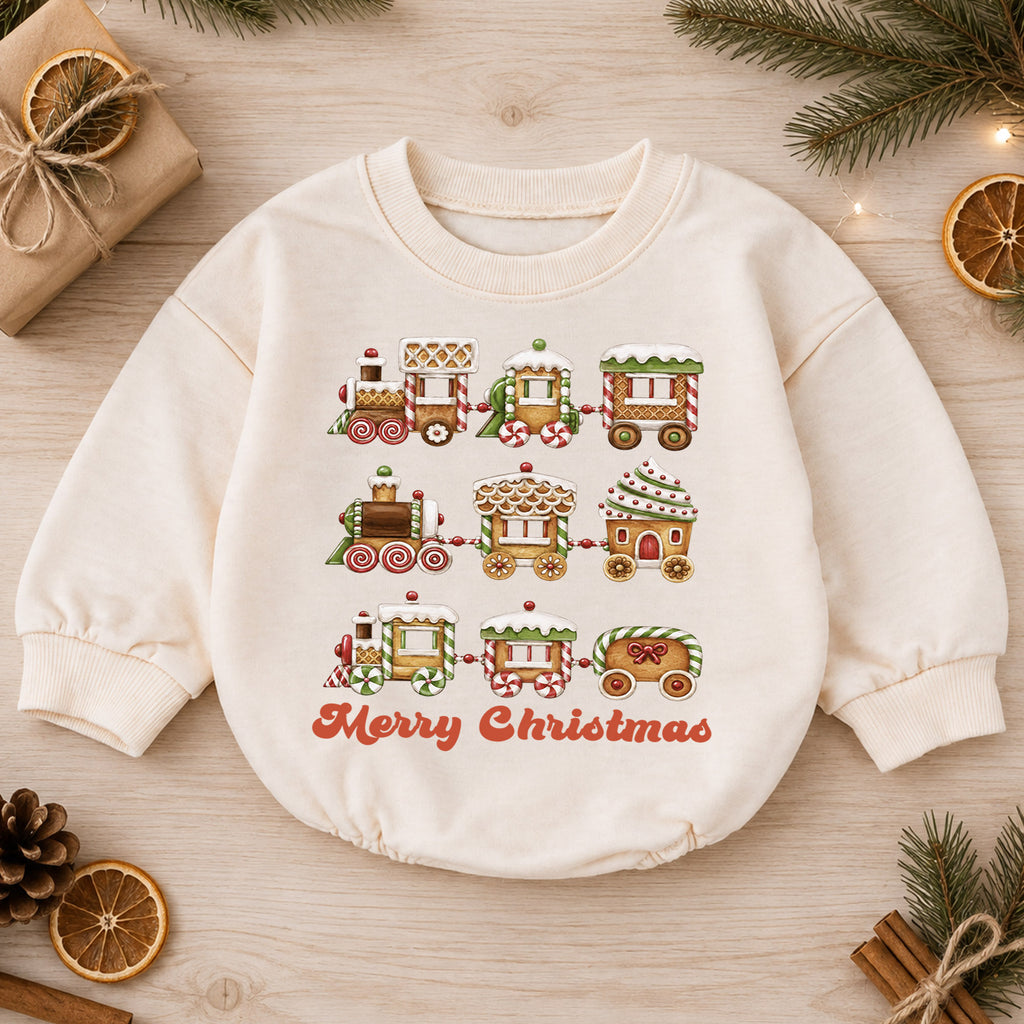 Merry Christmas Gingerbread Train Baby Romper, Sweet Holiday Outfit, 1st Christmas Keepsake, 1st Birthday Xmas Gift for Baby — product view 1