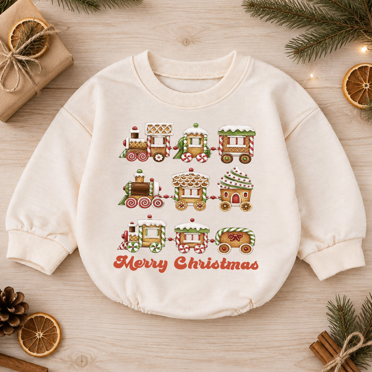 Merry Christmas Gingerbread Train Baby Romper, Sweet Holiday Outfit, 1st Christmas Keepsake, 1st Birthday Xmas Gift for Baby — product view 1