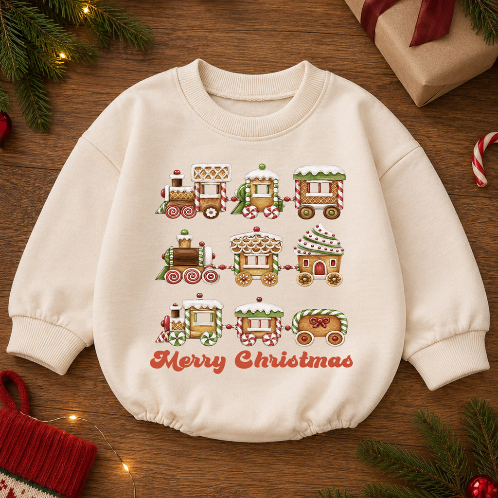 Merry Christmas Gingerbread Train Baby Romper, Sweet Holiday Outfit, 1st Christmas Keepsake, 1st Birthday Xmas Gift for Baby — product view 2