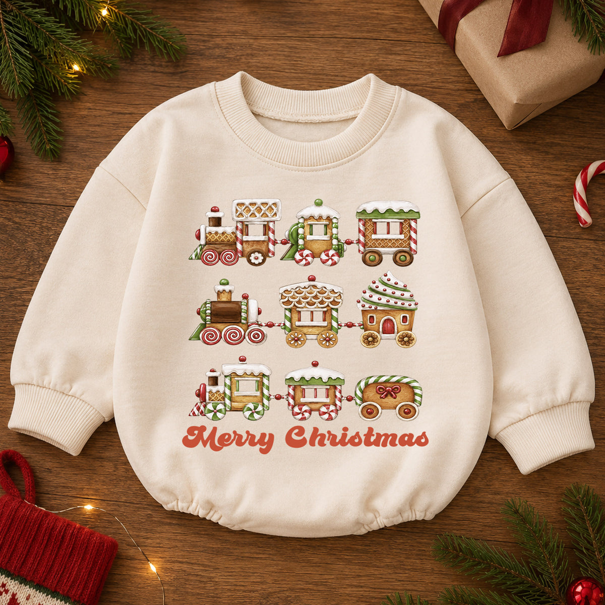 Merry Christmas Gingerbread Train Baby Romper, Sweet Holiday Outfit, 1st Christmas Keepsake, 1st Birthday Xmas Gift for Baby — product view 2