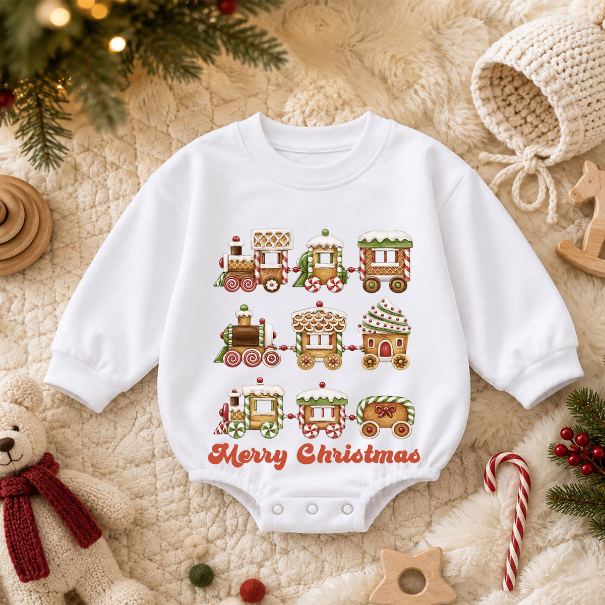 Merry Christmas Gingerbread Train Baby Romper, Sweet Holiday Outfit, 1st Christmas Keepsake, 1st Birthday Xmas Gift for Baby — product view 3