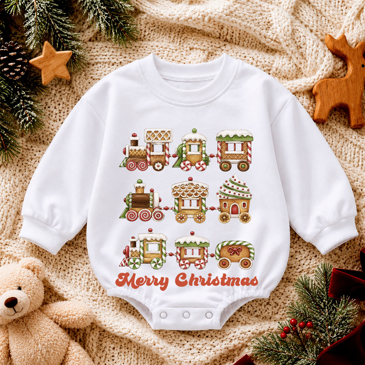 Merry Christmas Gingerbread Train Baby Romper, Sweet Holiday Outfit, 1st Christmas Keepsake, 1st Birthday Xmas Gift for Baby — product view 4