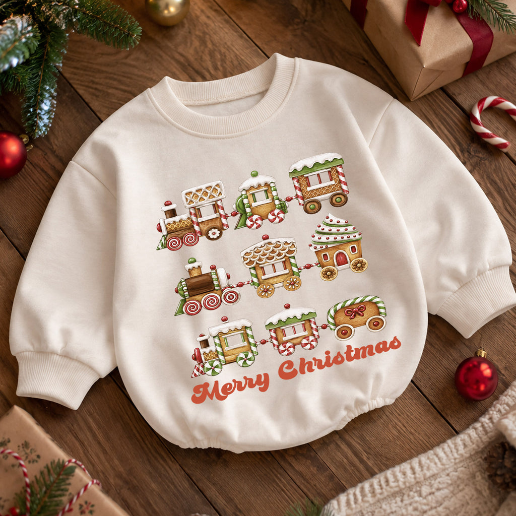 Merry Christmas Gingerbread Train Baby Romper, Sweet Holiday Outfit, 1st Christmas Keepsake, 1st Birthday Xmas Gift for Baby — product view 5