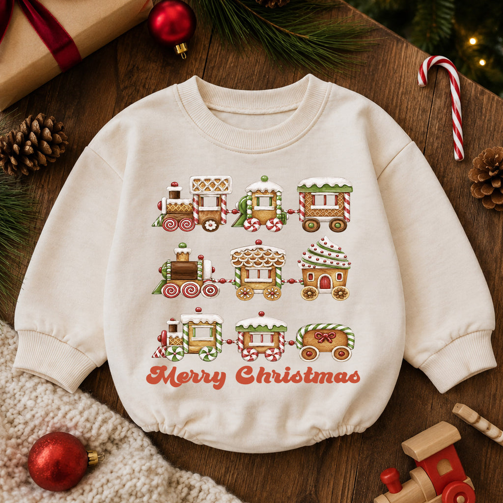Merry Christmas Gingerbread Train Baby Romper, Sweet Holiday Outfit, 1st Christmas Keepsake, 1st Birthday Xmas Gift for Baby — product view 6