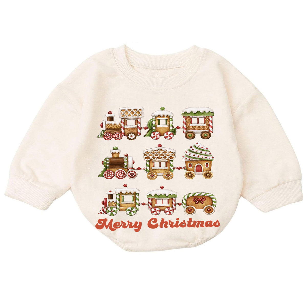 Merry Christmas Gingerbread Train Baby Romper, Sweet Holiday Outfit, 1st Christmas Keepsake, 1st Birthday Xmas Gift for Baby — product view 7