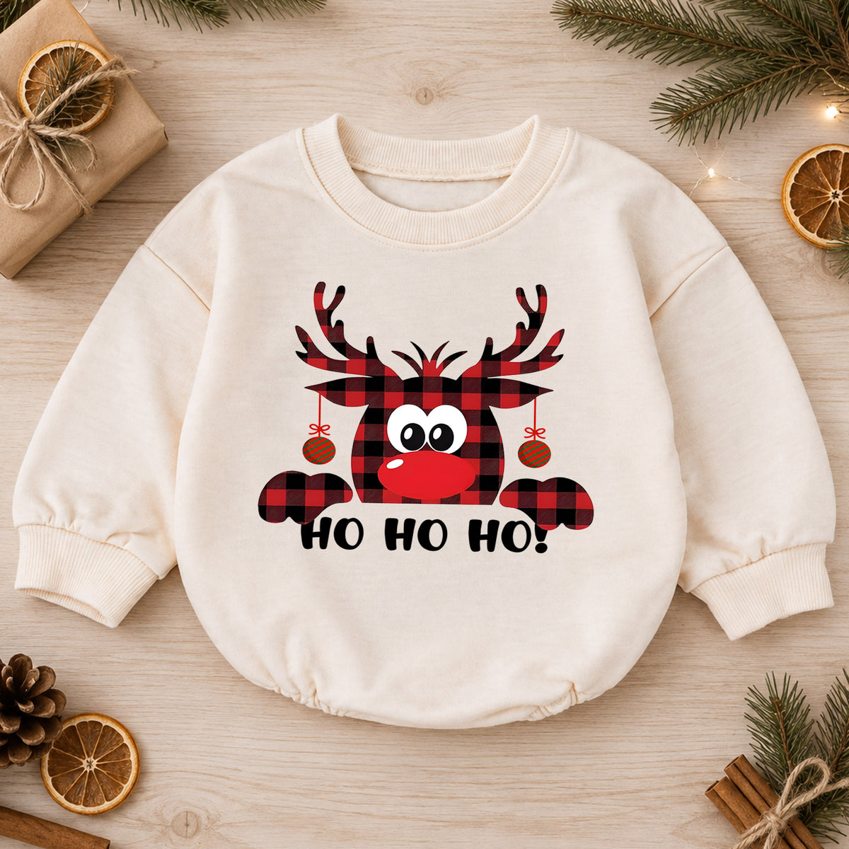 Buffalo Plaid Reindeer Ho Ho Ho Baby Romper, Funny Christmas Holiday Outfit, Cute Toddler Xmas Clothes, Reindeer Gift — product view 1