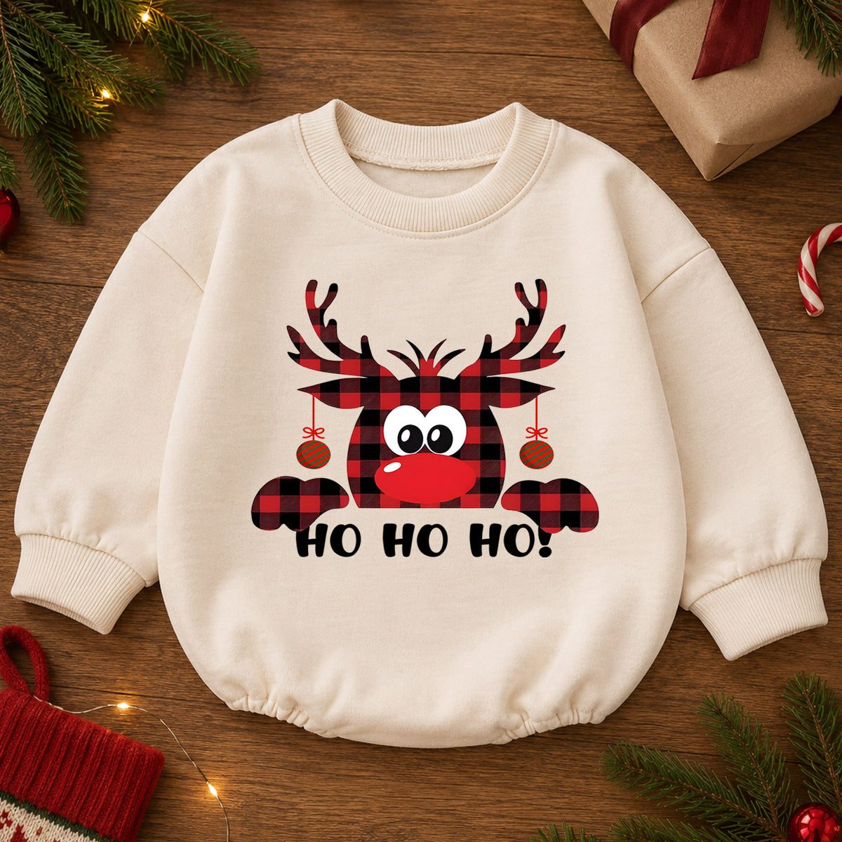 Buffalo Plaid Reindeer Ho Ho Ho Baby Romper, Funny Christmas Holiday Outfit, Cute Toddler Xmas Clothes, Reindeer Gift — product view 2