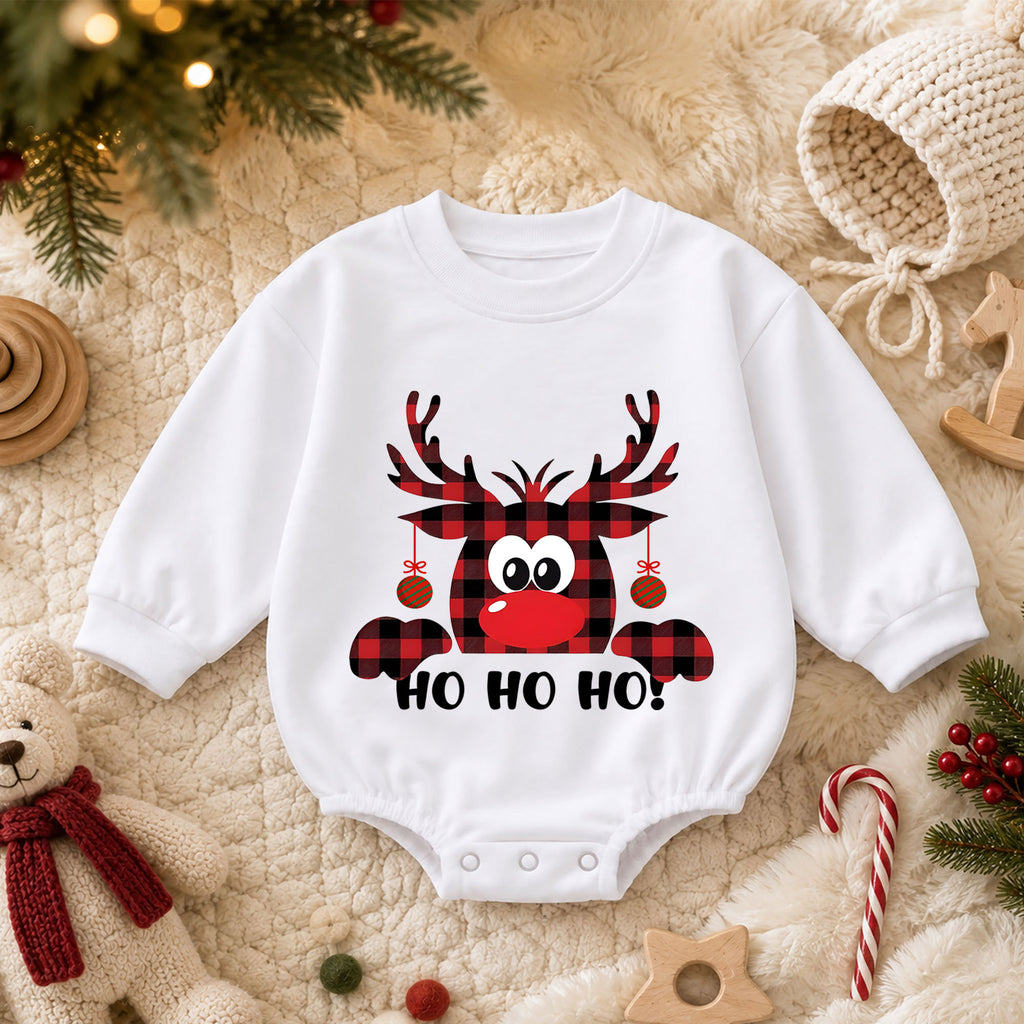 Buffalo Plaid Reindeer Ho Ho Ho Baby Romper, Funny Christmas Holiday Outfit, Cute Toddler Xmas Clothes, Reindeer Gift — product view 3