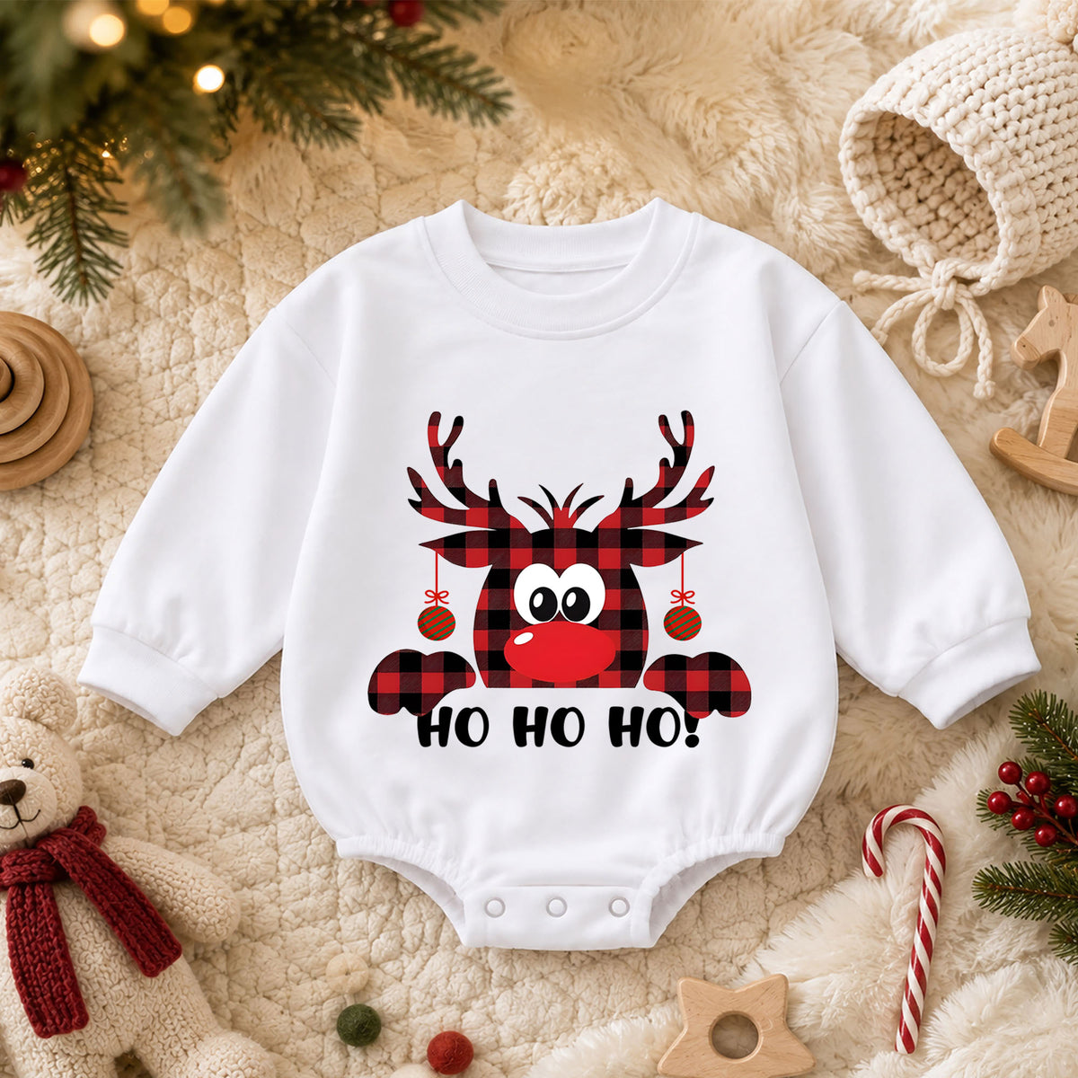 Buffalo Plaid Reindeer Ho Ho Ho Baby Romper, Funny Christmas Holiday Outfit, Cute Toddler Xmas Clothes, Reindeer Gift — product view 3