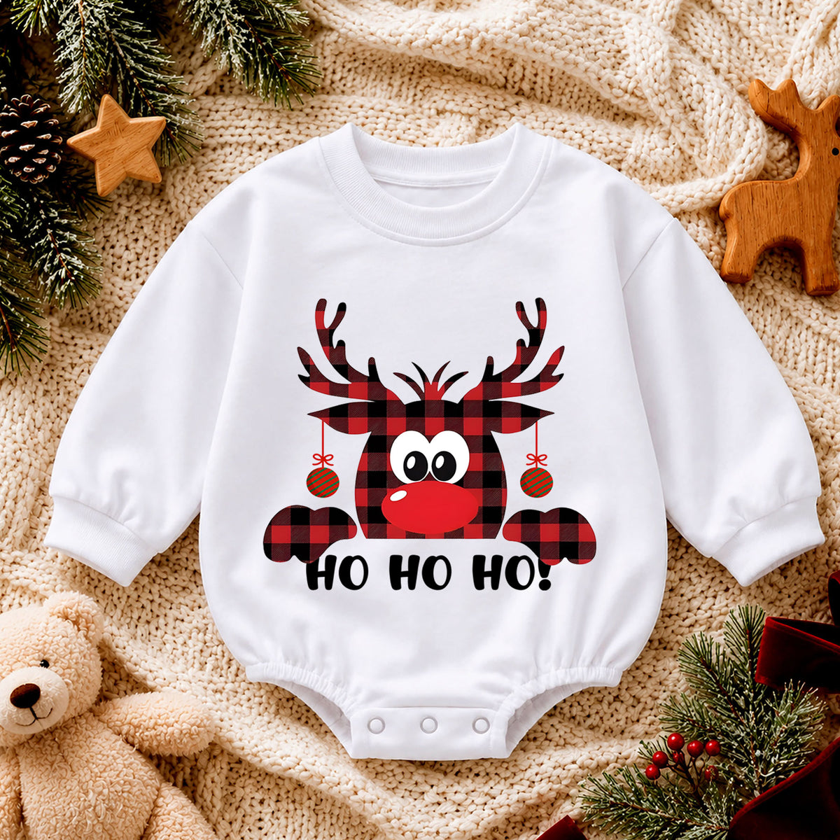 Buffalo Plaid Reindeer Ho Ho Ho Baby Romper, Funny Christmas Holiday Outfit, Cute Toddler Xmas Clothes, Reindeer Gift — product view 4
