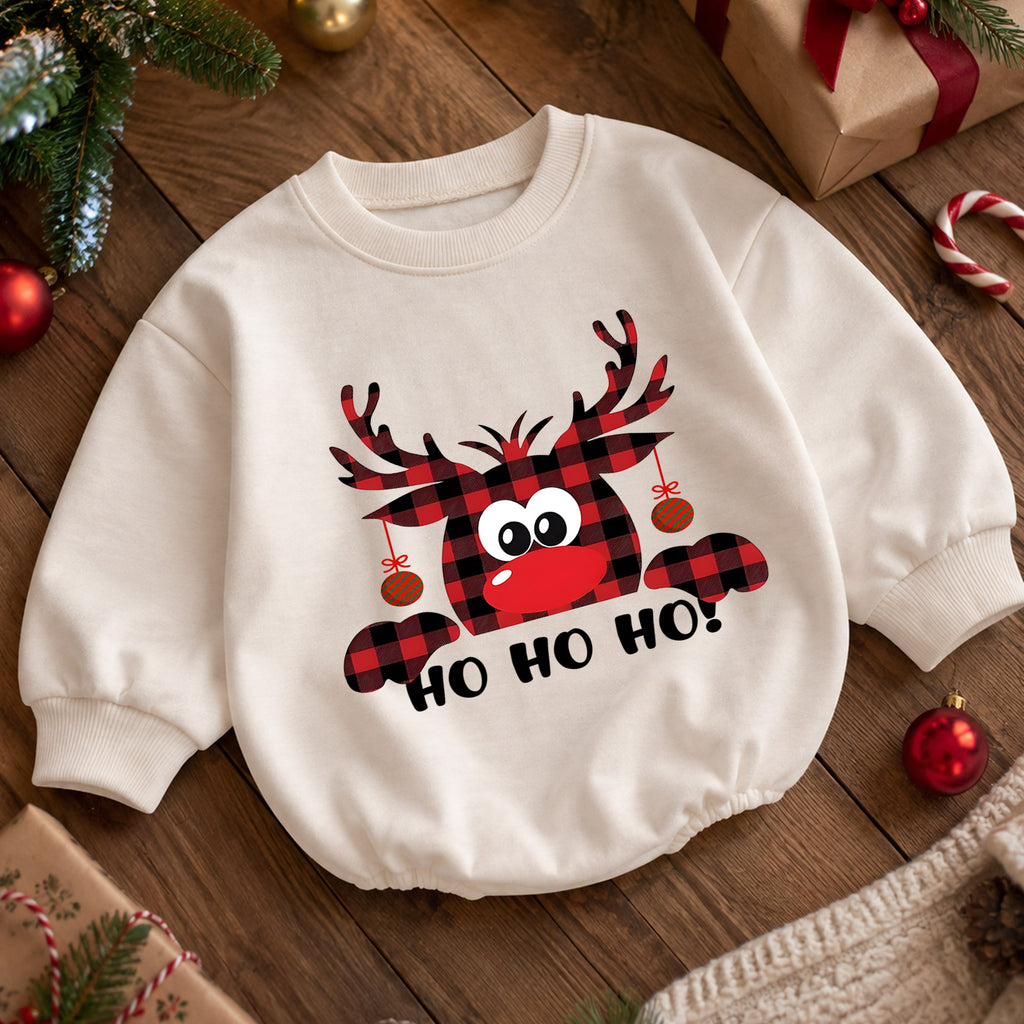 Buffalo Plaid Reindeer Ho Ho Ho Baby Romper, Funny Christmas Holiday Outfit, Cute Toddler Xmas Clothes, Reindeer Gift — product view 5
