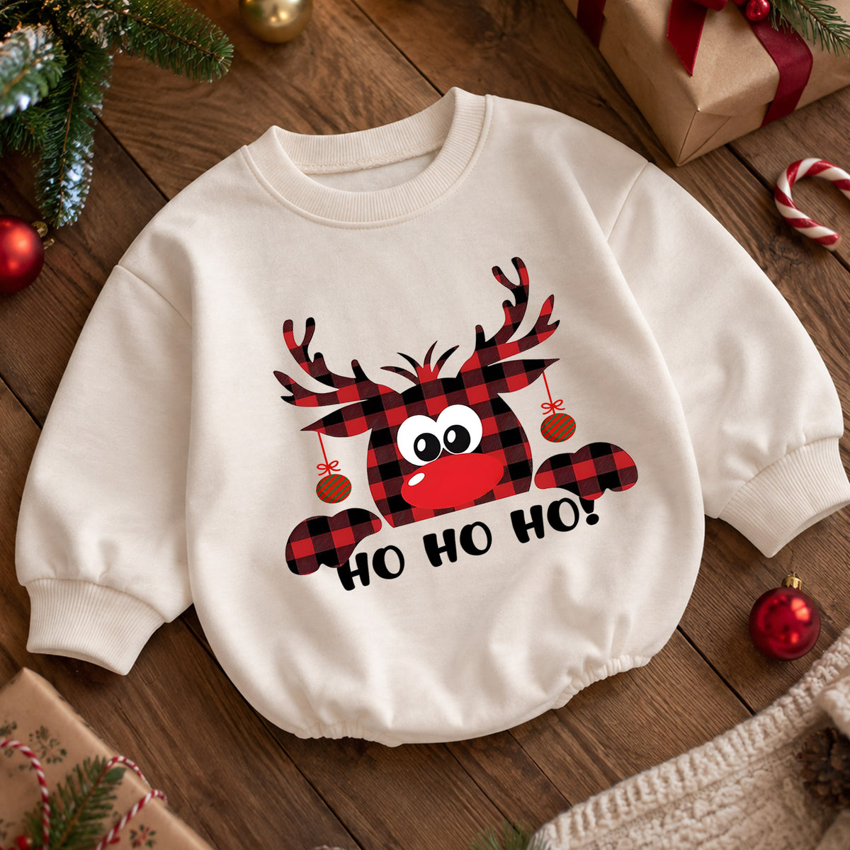 Buffalo Plaid Reindeer Ho Ho Ho Baby Romper, Funny Christmas Holiday Outfit, Cute Toddler Xmas Clothes, Reindeer Gift — product view 5