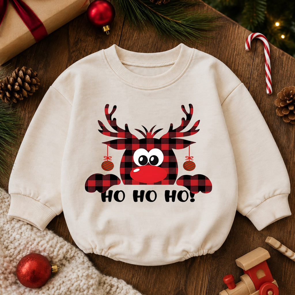 Buffalo Plaid Reindeer Ho Ho Ho Baby Romper, Funny Christmas Holiday Outfit, Cute Toddler Xmas Clothes, Reindeer Gift — product view 6