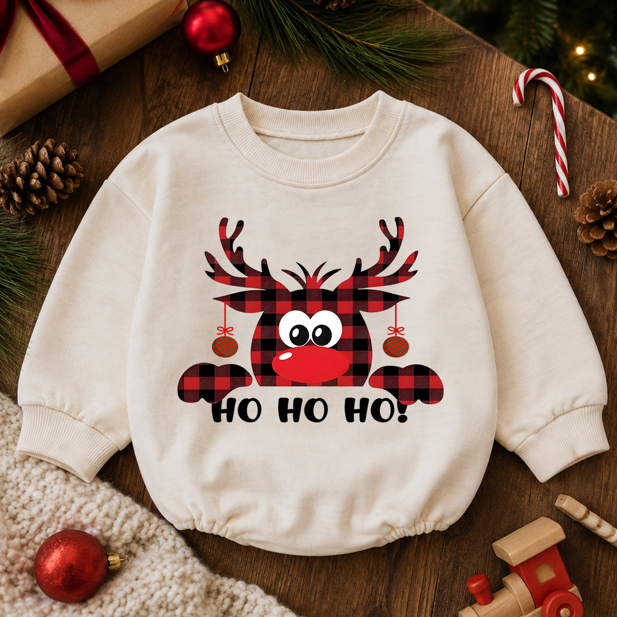 Buffalo Plaid Reindeer Ho Ho Ho Baby Romper, Funny Christmas Holiday Outfit, Cute Toddler Xmas Clothes, Reindeer Gift — product view 6
