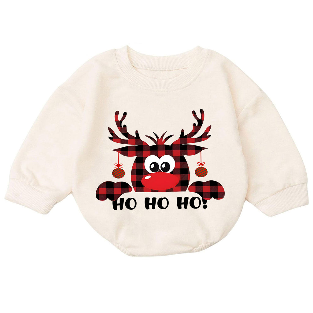 Buffalo Plaid Reindeer Ho Ho Ho Baby Romper, Funny Christmas Holiday Outfit, Cute Toddler Xmas Clothes, Reindeer Gift — product view 7
