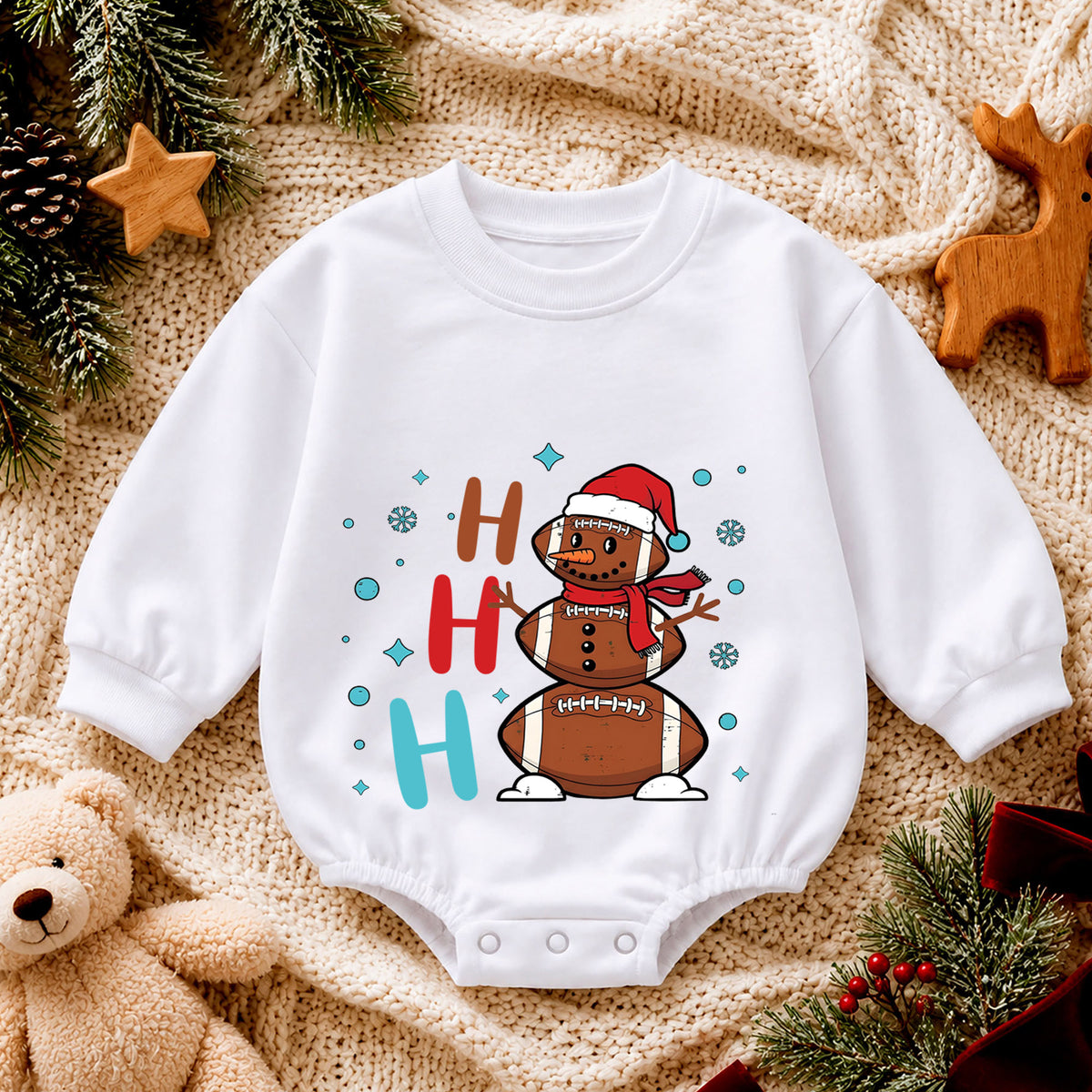 Ho Ho Ho Snowman Christmas Baby Romper, Christmas Tree Holiday Outfit, Cute Toddler Xmas Clothes, Winter Baby Gift — product view 4