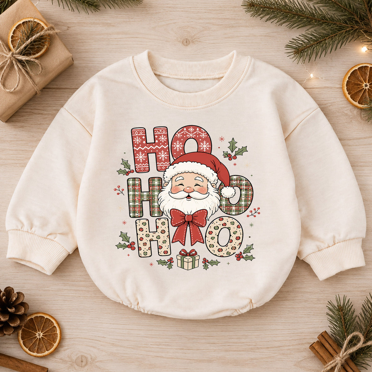 Ho Ho Ho Santa Baby Christmas Romper, Cute Santa Holiday Outfit, Toddler Xmas Clothes, Baby First Christmas Gift — product view 1