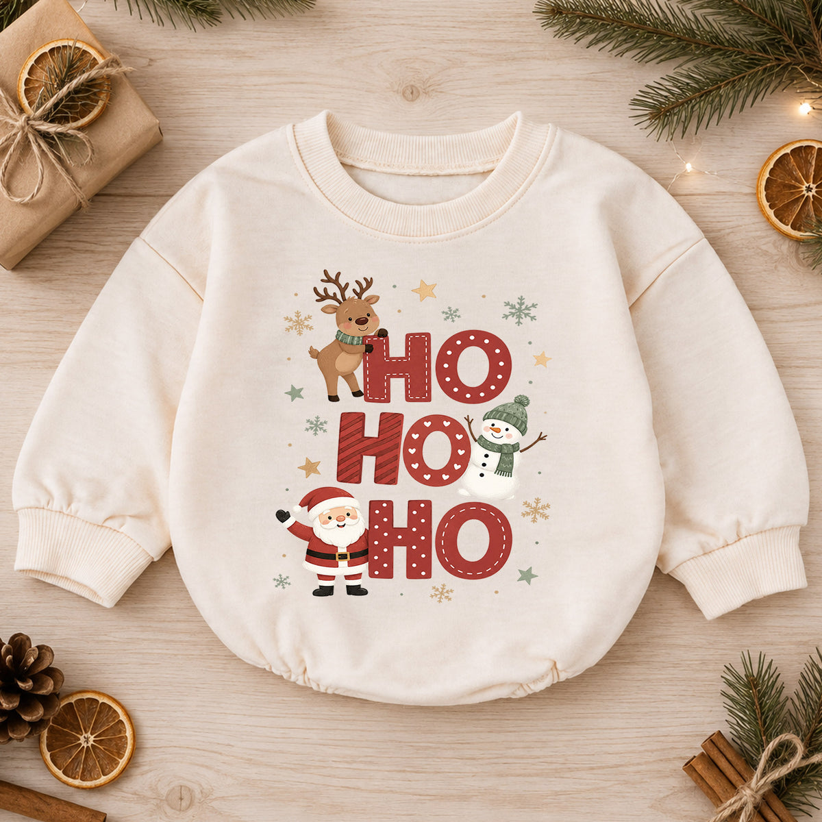 Ho Ho Ho Baby Romper, Santa Reindeer Snowman Christmas Romper, Toddler 1st Birthday Holiday Outfit, Cute Xmas Gift for Boys and Girls — product view 1