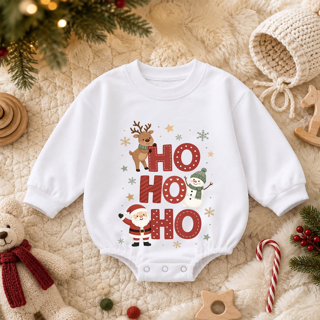 Ho Ho Ho Baby Romper, Santa Reindeer Snowman Christmas Romper, Toddler 1st Birthday Holiday Outfit, Cute Xmas Gift for Boys and Girls — product view 3