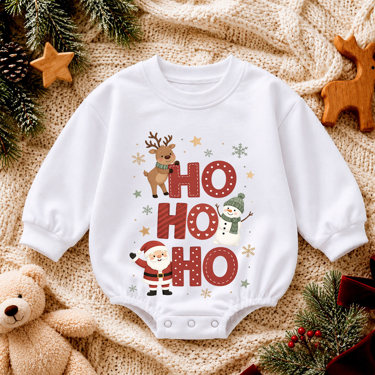 Ho Ho Ho Baby Romper, Santa Reindeer Snowman Christmas Romper, Toddler 1st Birthday Holiday Outfit, Cute Xmas Gift for Boys and Girls — product view 4