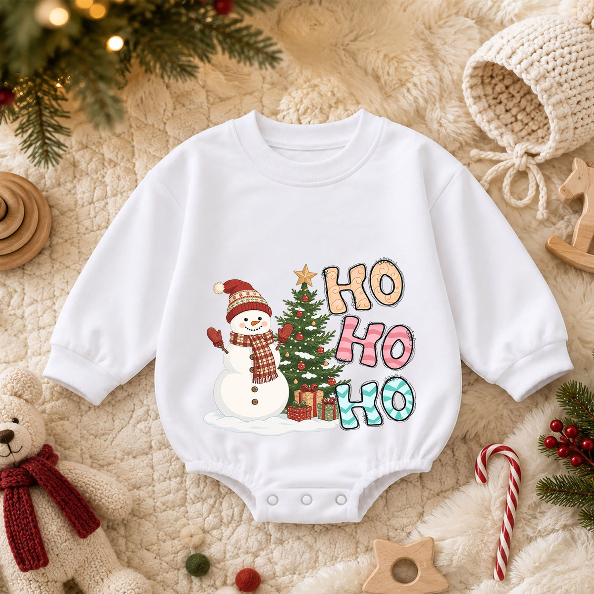 Ho Ho Ho Snowman Christmas Baby Romper, Cute Winter Holiday Outfit, Toddler Xmas Clothes, Baby Christmas Gift — product view 3