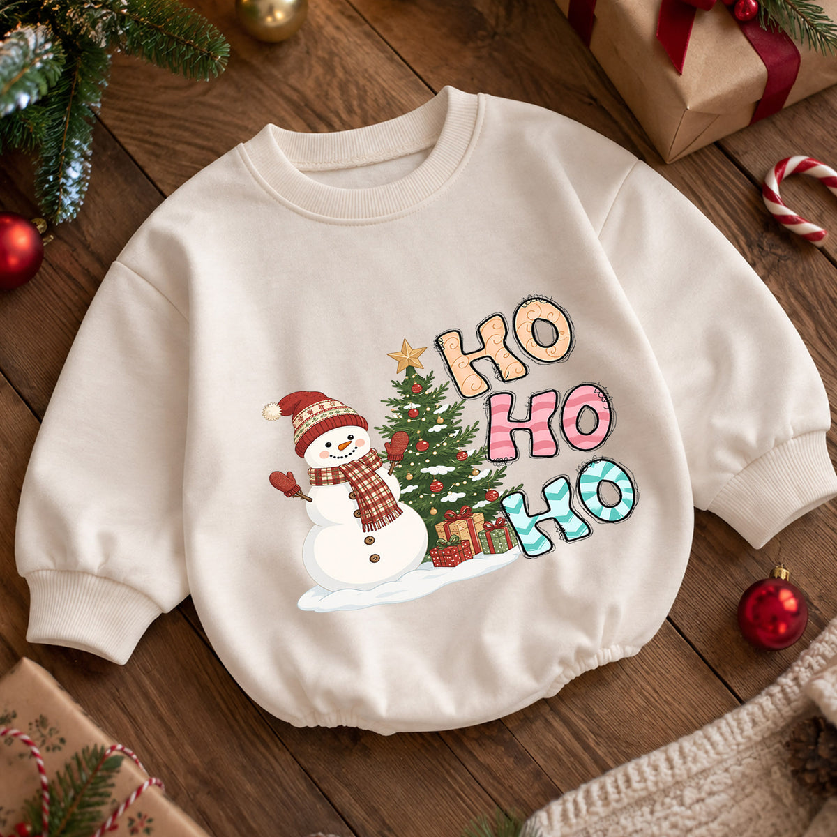 Ho Ho Ho Snowman Christmas Baby Romper, Cute Winter Holiday Outfit, Toddler Xmas Clothes, Baby Christmas Gift — product view 5