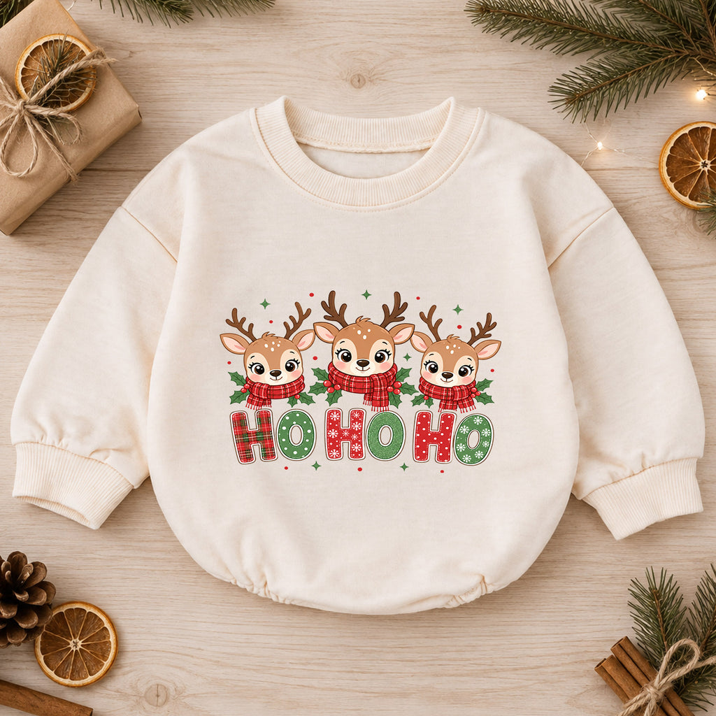 Ho Ho Ho Reindeer Baby Christmas Romper, Cute Reindeer Holiday Outfit, Toddler Xmas Clothes, Christmas Baby Gift — product view 1