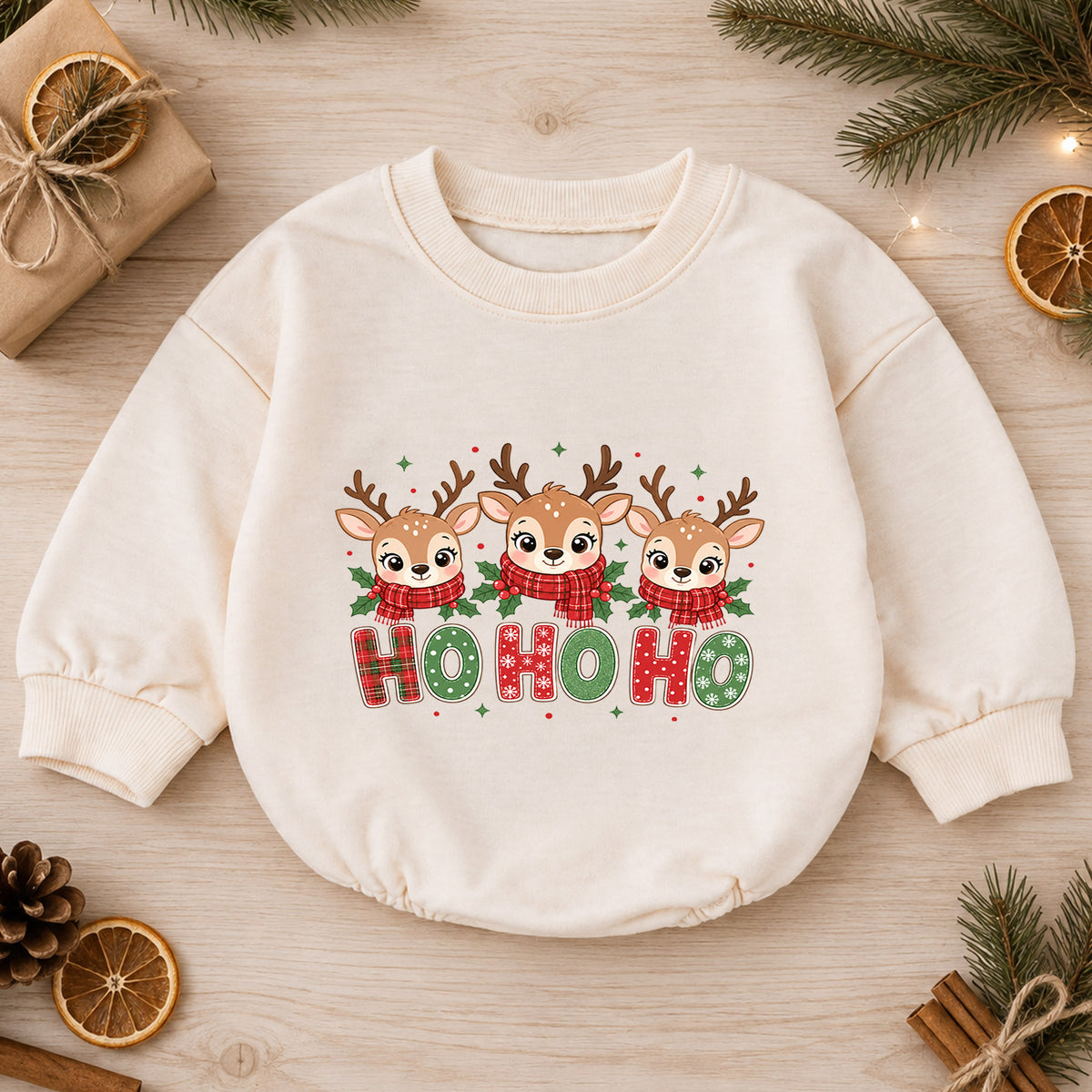 Ho Ho Ho Reindeer Baby Christmas Romper, Cute Reindeer Holiday Outfit, Toddler Xmas Clothes, Christmas Baby Gift — product view 1
